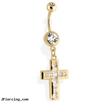14Kt Gold Tone Navel Ring With Multi Paved CZ Cross, gold cock rings, 14k gold body jewelry, gold crystal belly button ring, square gemstone belly button ring, square gemstone belly jewelry