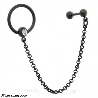 16 Gauge Black Coated Straight Barbell with 14 Gauge Jeweled Captive Ring On Chain, 10 gauge male nipple jewelry, gauge tapers, 14 karet 16 gauge belly button rings, black whole body piercing, black titanium labret