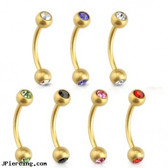 16G Matte Gold Toned Surgical Steel Eyebrow Curve Barbell with CZ, 14k gold nipple ring, gold plated belly button rings, white gold belly rings, surgical stainless steel navel jewelry, surgical steel belly rings