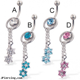 2-in-1 belly button ring with slide-off ring and two flowers on dangles, how to remove belly button rings, spongebob belly ring, infected pain abdomen belly button piercing, belly button rings with screw on beads, make cock ring