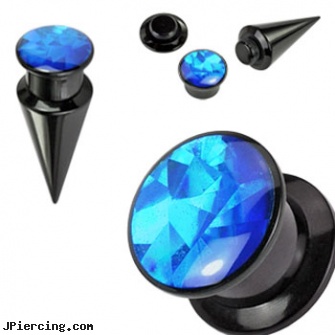 2-In-1 Interchangeable Black Acrylic Screw Fit Taper With Blue Prism Insert, nipple jewelry interchangeable base rings, non piercing nipple jewelry with interchangeable base rings, black clit, black onyx ball stud, black penis