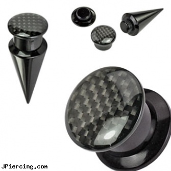 2-In-1 Interchangeable Black Acrylic Screw Fit Taper With Carbon Fiber Top, nipple jewelry interchangeable base rings, non piercing nipple jewelry with interchangeable base rings, black line titanium body jewelry jewelry nipple, black penis piercing pic, black studs