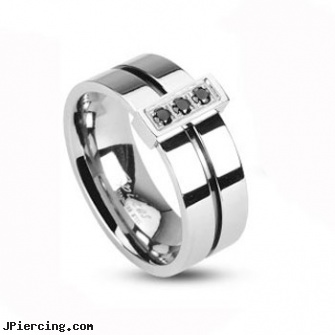 316L Stainless Steel 2 Tone Ring with Grooved black Center with 3 black CZs, 316l jewelry cards, navel jewelry surgical stainless steel internal thread, stainless steel triple cock ring, buy stainless steel lip ring, buy steel lip ring