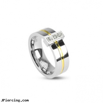 316L Stainless Steel 2 Tone Ring with Grooved gold Center with 3 clear CZs, 316l jewelry cards, navel jewelry surgical stainless steel internal thread, buy stainless steel lip ring, stainless steel nose rings, cold steel body jewelry