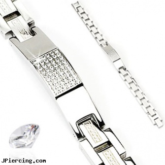 316L Stainless Steel CZ Stones Tag With Aztec Link Bracelet, 316l jewelry cards, stainless steel triple cock ring, stainless steel chain az, stainless steel nose rings, rolling stones tongue jewelry