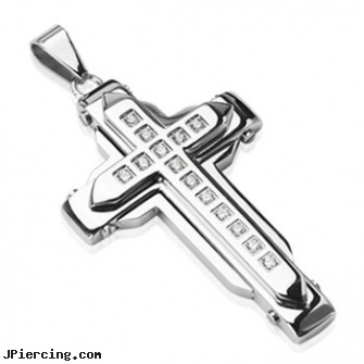 316L Stainless Steel Double Layered Square Gemmed Cross Pendant, 316l jewelry cards, stainless steel cock ring, stainless steel nipple rings, stainless steel triple cock ring, navel steel belly button