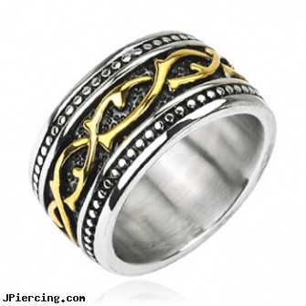 316L Stainless Steel Gold IP Tribal Vine Link Armor Wide Ring, 316l jewelry cards, stainless steel body jewelry, stainless steel piercing body jewelry, navel jewelry surgical stainless steel internal thread, surgical steel jewelry