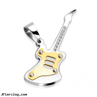 316L Stainless Steel Guitar Pendant (Gold Tone Plate) with 8 Czs, 316l jewelry cards, buy stainless steel lip ring, navel jewelry surgical stainless steal internal thread, stainless steel nipple rings, surgical steel navel jewelry