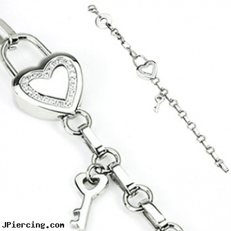 316L Stainless Steel Link Bracelet with Paved Gems Heart Lock and Key Charms, 316l jewelry cards, navel jewelry surgical stainless steal internal thread, stainless steel nipple rings, navel jewelry surgical stainless steel internal thread, steel spike nipple shields