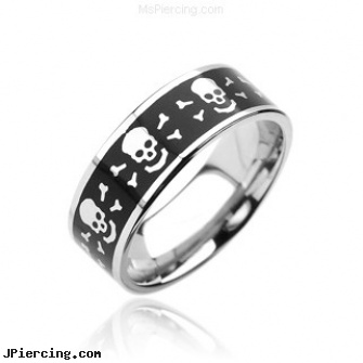 316L Surgical Stainless Steel Rings. Black with Laser Engraved Skull with bones, 316l jewelry cards, surgical placement of rings in cock and scrotum, surgical steel jewelry, navel jewelry surgical stainless steal internal thread, surgical stainless steel body jewelry