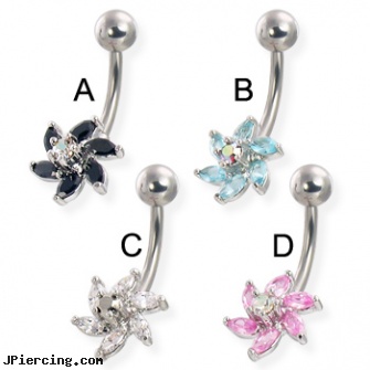 6-petal flower with raised center gem belly button ring, flower shaped labret jewerly, flower belly ring, flower pics, piercing center, square gemstone belly jewelry