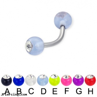 Acrylic ball with stone curved barbell, 14 ga, acrylic tongue rings, acrylic bead rings, 10 gauge acrylic tapers, small balled labret, balls piercing