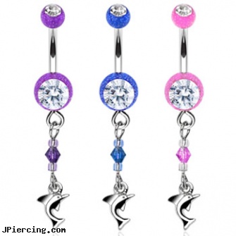 Acrylic glitter belly ring with dangling stones and dolphin, uv acrylic body jewellery canada, 10 gauge acrylic tapers, body jewelry acrylic, glitter bitch, caring for belly piercings