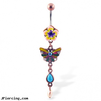 Antique looking belly button ring with flower and dangling butterfly and stones, antique navel rings, tounge and belly rings, piercing your belly button pictures the process, belly ring horse, how to change belly button ring