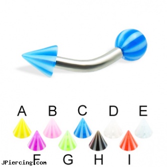 Beach ball and cone curved barbell, 12 ga, body jewellery worn on the beach, beach ball barbell and eyebrow piercing, nipple rings worn on the beach, wholesale ball tounge rings, blinking koosh ball belly ring