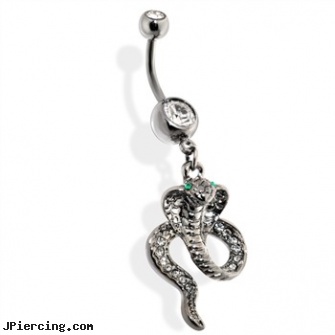 Belly button ring hematite Cobra with Green CZ eyes Dangle, cz belly rings, dallas cowboys belly ring, ptfe belly button ring, belly button rings with screw on beads, nipple bellybuttons and clit jewelry set