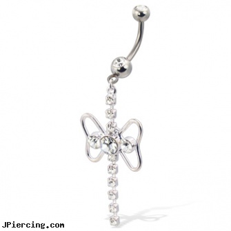 Belly button ring with a dangle, butterfly shape, and jeweled top ball, belly button jewelery, belly ring plug, moving belly button rings, where can find information on belly button piercing, stainless steel nipple rings