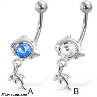 Belly button ring with big gem and two dolphins, belly ring balls, belly ring university of texas, wholesale belly button rings, belly button ring balls, college belly button rings