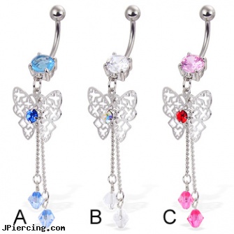 Belly button ring with dangling butterfly and two gems on chains, belly ring manufactuer, belly button piercing care, customized belly rings, button studs, pink panther belly button rings