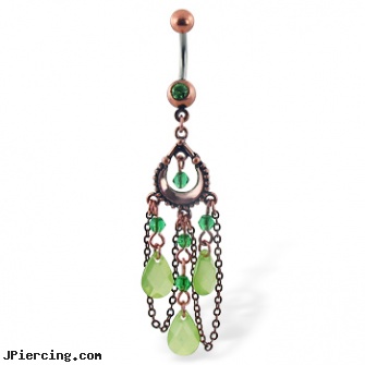 Belly Button Ring with Dangling Green Antique Looking Chandelier, ptfe belly button ring, belly buttons jewelry, cheap belly button rings, the easiest way to insert new belly ring, dangling navel jewelry