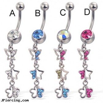 Belly button ring with dangling jeweled butterfly, star, and flower, belly button piercings and the risks involved, dangling belly button rings, long island belly button piercing, navel ring healing time, 22 gauge silver nose ring