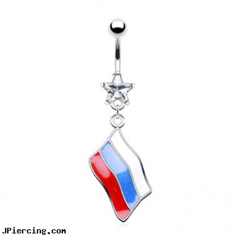 Belly Button Ring with Dangling Russian Flag, male belly rings, square gemstone belly jewelry, washington redskins belly ring, belly button rings navel jewelry, belly button rings