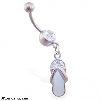 Belly button ring with dangling white jeweled flipflop, belly ring university of texas, belly photos, wholesale belly rings, non pierced belly button jewelry, information on belly button piercings