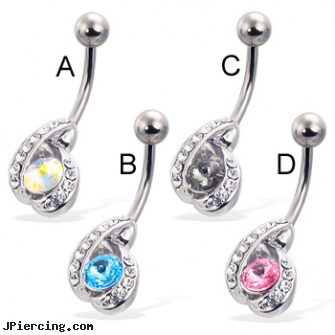 Belly button ring with elegant jeweled charm and pointed stone, belly button piercings, belly piercing kit, wholesale belly ring, body jewelry superman belly button ring, belly button piercings pictures