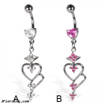 Belly button ring with heart-shaped stone and dangle, petite shaft belly barbells, surgical steel belly rings, belly button piercing video clip, are belly button peircings dangerous?, bell button piercings