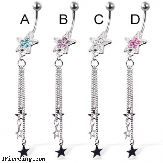 Belly button ring with jeweled star and three dangling stars, eeyore belly button ring, belly ring care tips, belly button piercing, clear belly button ring, short navel rings