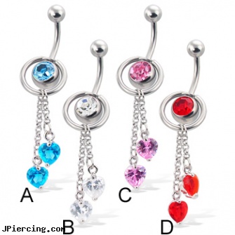 Belly button ring with ring and two dangling heart-shaped stones, rhinestone dimple ball charm belly ring, uv butterfly gem navel belly ring, nude girls with belly button rings, after care of belly button piercing, playboy belly button rings