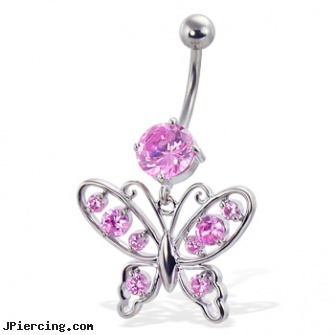 Belly button ring with round gem and jeweled butterfly, jewelry display case navel belly ring rings, belly button ring catalog, wholesale belly button rings, rose belly button rings, suck on nipple rings