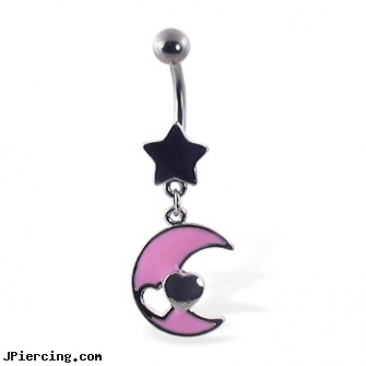 Belly button ring with star and dangling moon and heart, picture inlay belly button rings, piercing your own belly button, gold belly button jewelry to buy, tongue rings, dolphin navel ring