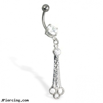 Belly button ring with three rings on dangles, taking care of belly button piercings, belly bar jewelry, belly jewery, button, how belly button piercings are done