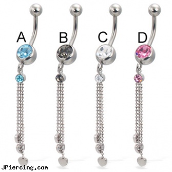 Belly button ring with three small metal hearts on dangles, letter belly button rings, punk belly rings funny, shedevil belly rings, white gold belly button ring, infected belly button piercing