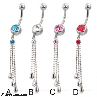 Belly button ring with three teardrops on dangles, wholesale belly ring, grateful dead belly button rings, flex uv belly ring, navel steel belly button, gemstone belly button jewelry