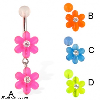 Belly button ring with two acrylic flowers, belly button jewlery rings, belly button piercing in texas, horseshoe belly button ring, stainless steel rings, fake tongue ring
