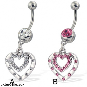Belly button ring with two dangling jeweled hollow hearts, belly button piercing video clip, hatchetman belly ring, gothic belly button jewelry, surveys on belly button piercing, nose tongue rings