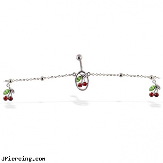 Belly chain with dangling cherries, moving belly button rings, belly rings wholesale, pig belly button ring, ring nipple pierce corset chain, nose and ear chain rings