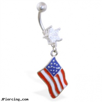 Belly Ring with Dangling American Flag, belly piercing healing, belly ring charms, belly ring care tips, glow in the dark nose rings, eyebrow ring how to take out