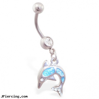 Belly ring with dangling aqua glitter dolphin, shop belly button rings, belly button rings and barbells, 50 belly rings for 15, studs ear rings, pictures clit rings