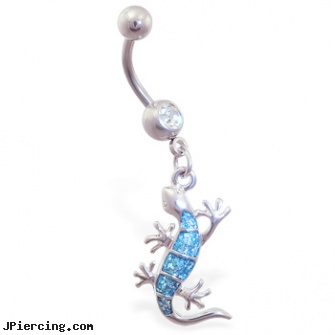 Belly ring with dangling aqua glitter lizard, belly piercing allowed in islam fatwa, tinkerbell belly ring or body, holiday belly rings, hiding nose ring, nose ring information