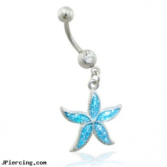 Belly ring with dangling aqua glitter starfish, cool logo belly button rings, shop belly button rings, belly rings gold, tongue ring pictures, metal alchemy cock rings