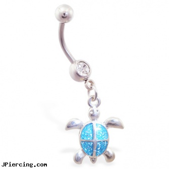 Belly ring with dangling aqua glitter turtle, belly navel color flashing koosh ring, belly button rings wholesale, belly bar jewelry, crystal nose rings, dangling heart belly button ring