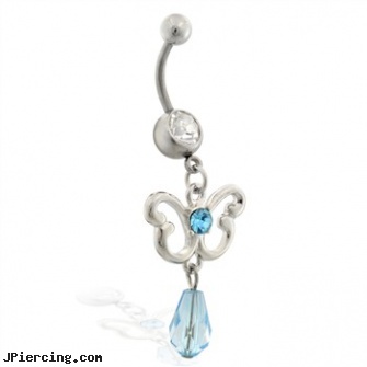 Belly ring with dangling aqua jeweled butterfly and stone, animal rights belly jewelry, animal belly button rings, ferrarri belly button rings, diamond nipple ring, male nipple ring jewellery