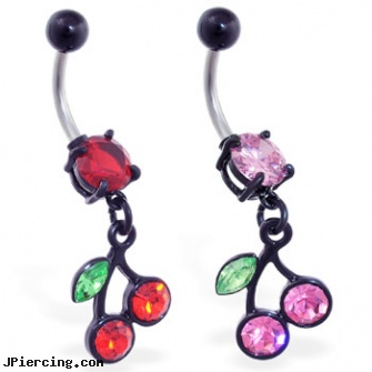 Belly ring with dangling black coated cherries, disney belly rings, belly ring magazines, belly ring care info, flexible tongue rings barbells, seamless lip rings