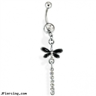 Belly Ring with Dangling Black Dragonfly, titanium belly jewelry, basketball belly button ring, hello kitty belly rings, nipple rings portfolio, nose ring and seamless and 13 kt