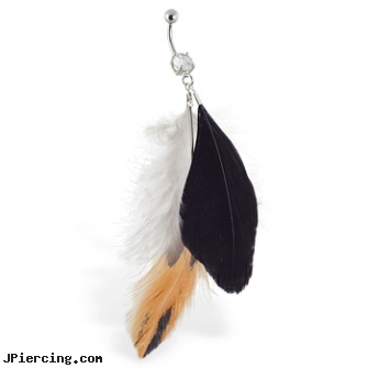 Belly ring with dangling black gray and brown feathers, grateful dead belly button rings, flashing belly rings, belly buttom rings, when can change my nose ring, dangling nipple jewelry