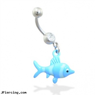 Belly ring with dangling blue fish, pictures of belly piercings, belly piercing pictures, how can change my belly button ring, longhorn navel ring, diamond nose rings