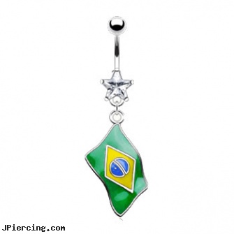 Belly ring with dangling Brazilian sign, belly button and tongue rings, belly button piercings and the risks involved, dangling belly rings, can be fired for having tongue ring, nipple piercing rings